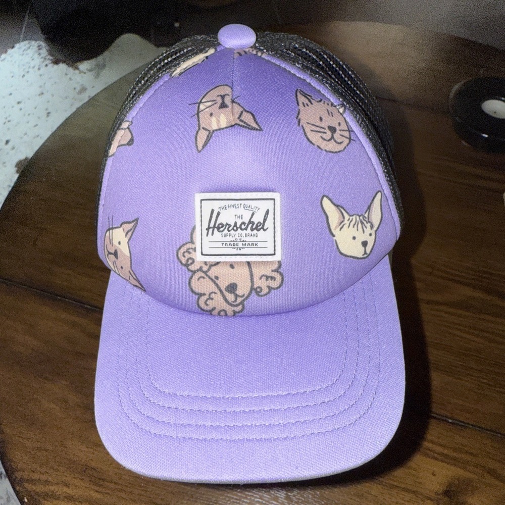 Herschel Supply Co Kids Purple‎ Cat Print Mesh Snapback Trucker Hat One Size